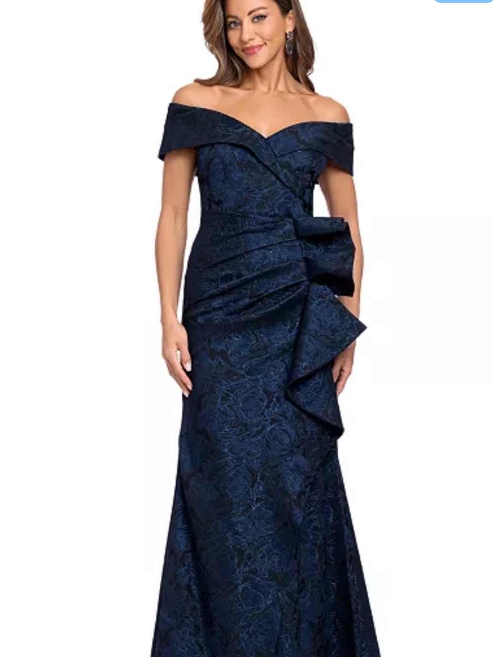 Xscape Strapless Navy Jacquard Evening Gown with Side Ruffle